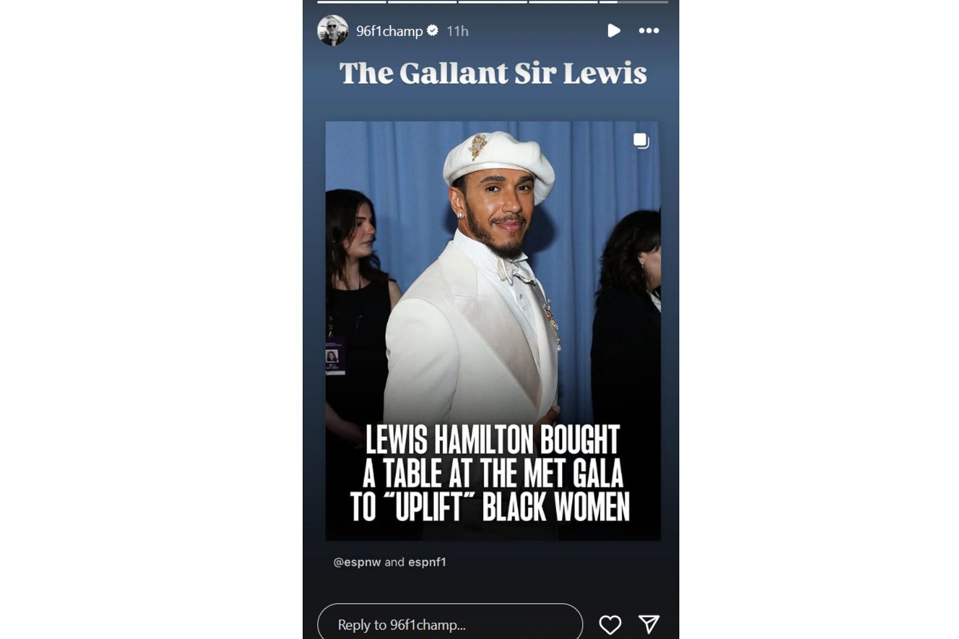 Snapshot of Damon Hill's Story on Hamilton...Credits-Instagram @96f1champ